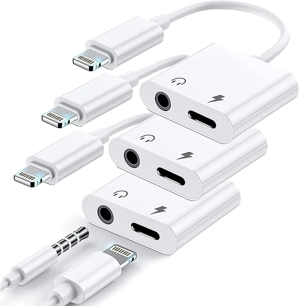 Three white Lightning-to-3.5mm adapter dongles with short cables