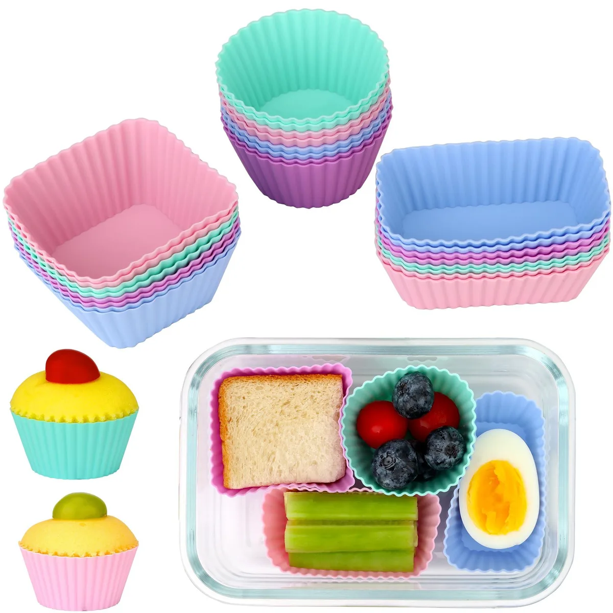 Set of 24 flexible silicone baking cups in round, rectangular and square shapes, multicoloured pink, light blue, cyan and purple