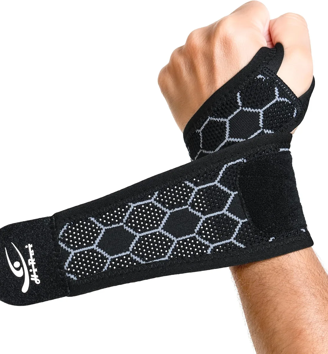 Black 3D honeycomb knit wrist brace with extended wrap and adjustable strap