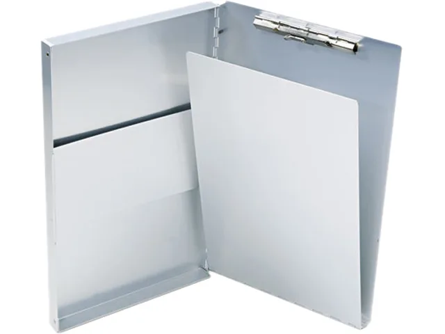 Red aluminum clipboard with hinged cover and side storage pocket