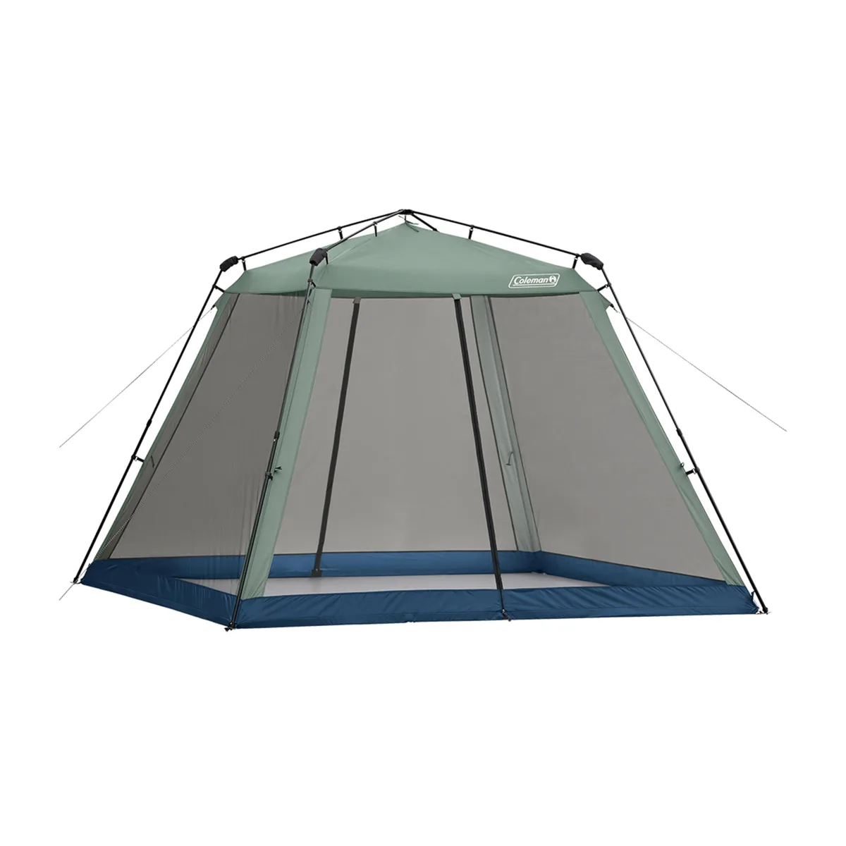 A 10 by 10 foot screenhouse with mesh walls, steel frame and vented roof in a carry bag
