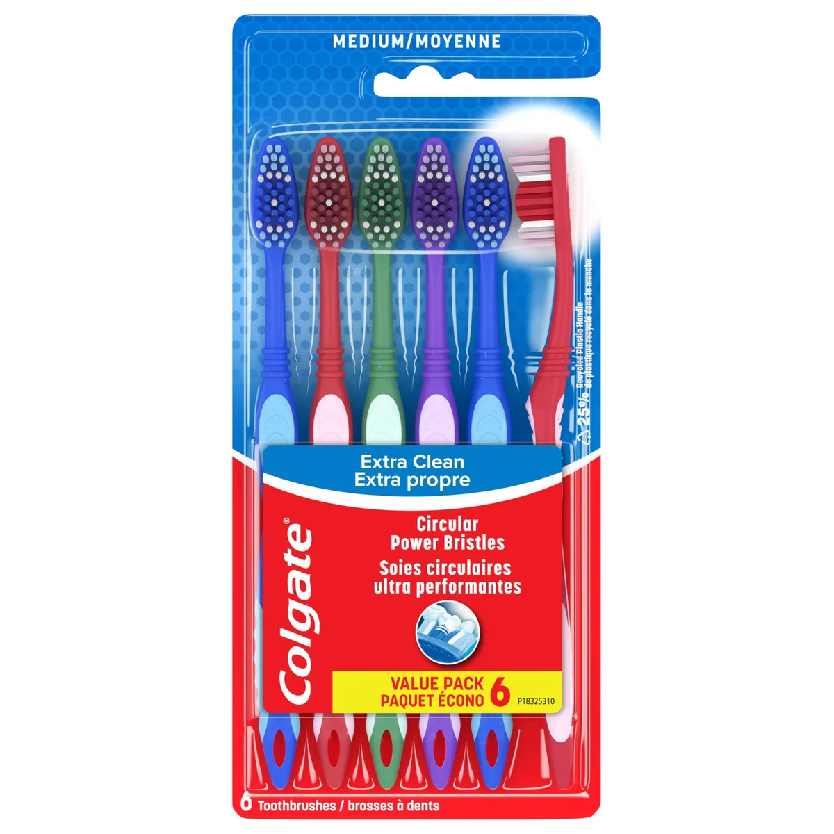 Six Colgate Extra Clean medium toothbrushes with tongue scrapers, multi-coloured handles, plastic and nylon