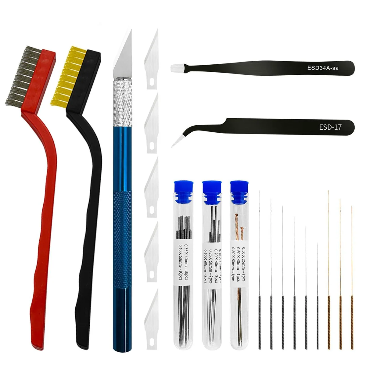 Open zipper tool bag showing 42-piece 3D printer tool set with needles, brushes, tweezers, knife