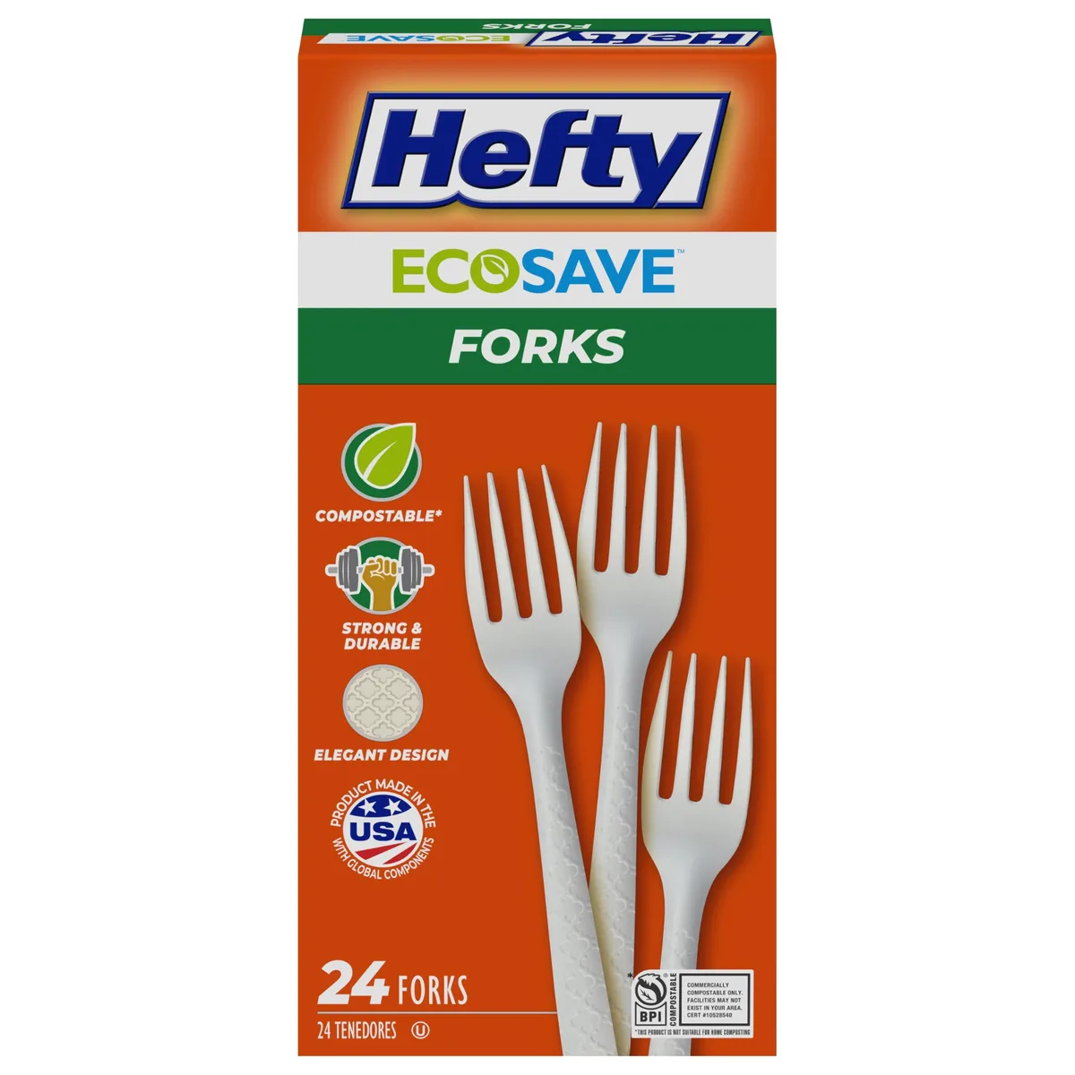 White compostable forks in a 24-count pack, patterned design