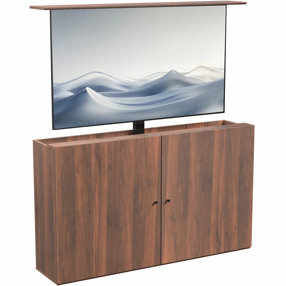Walnut cabinet with black motorized TV lift visible, 16 inches deep