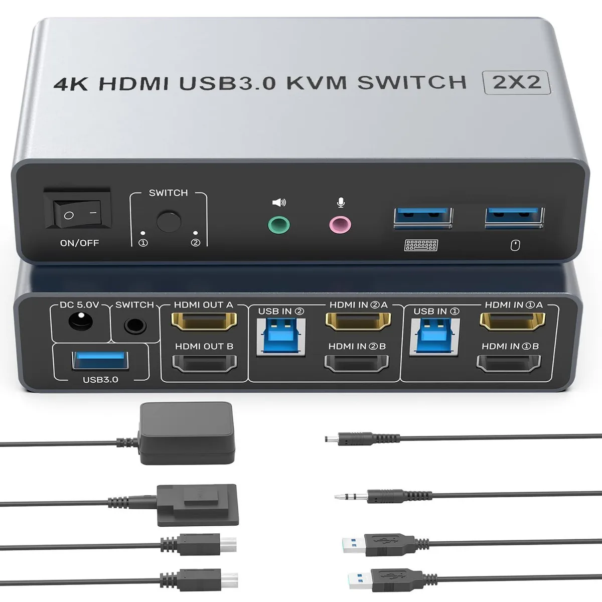 WRIARICH WRIARICH HDMI KVM Switch 2 Monitors 2 Computers 4K@60Hz 3 USB 3.0 Ports Desktop Controller — product photo