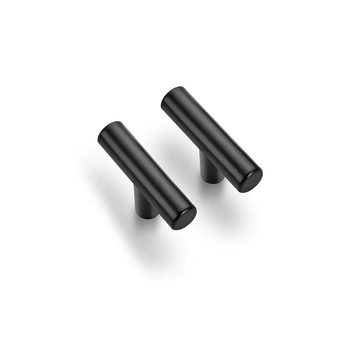 Ten matte black stainless steel cabinet pulls, single hole mount