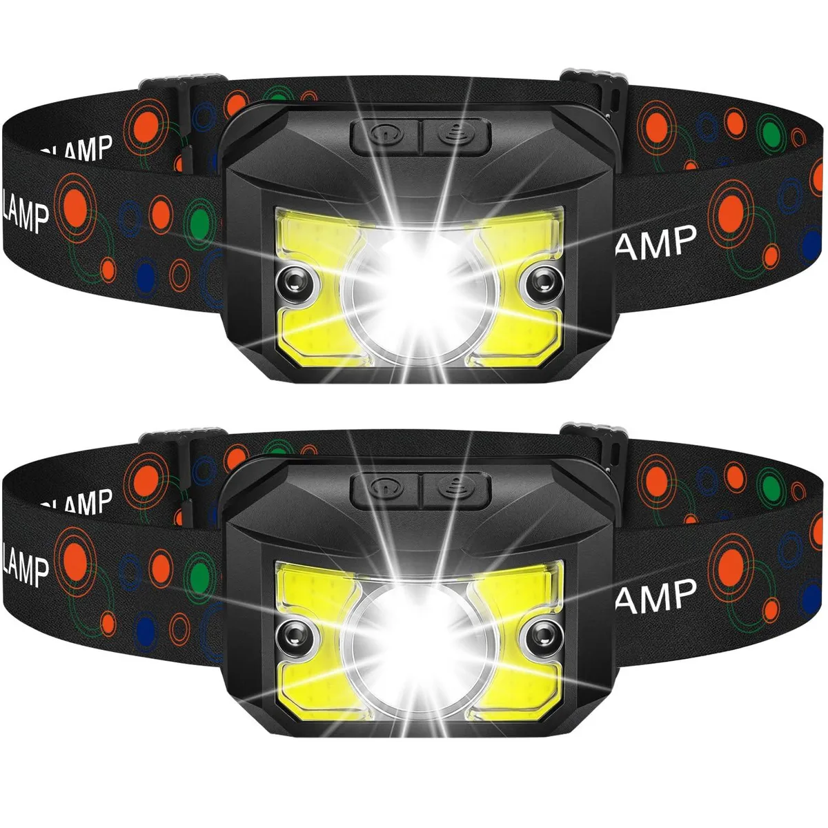 Two compact black headlamps with adjustable elastic straps and USB-C ports side by side