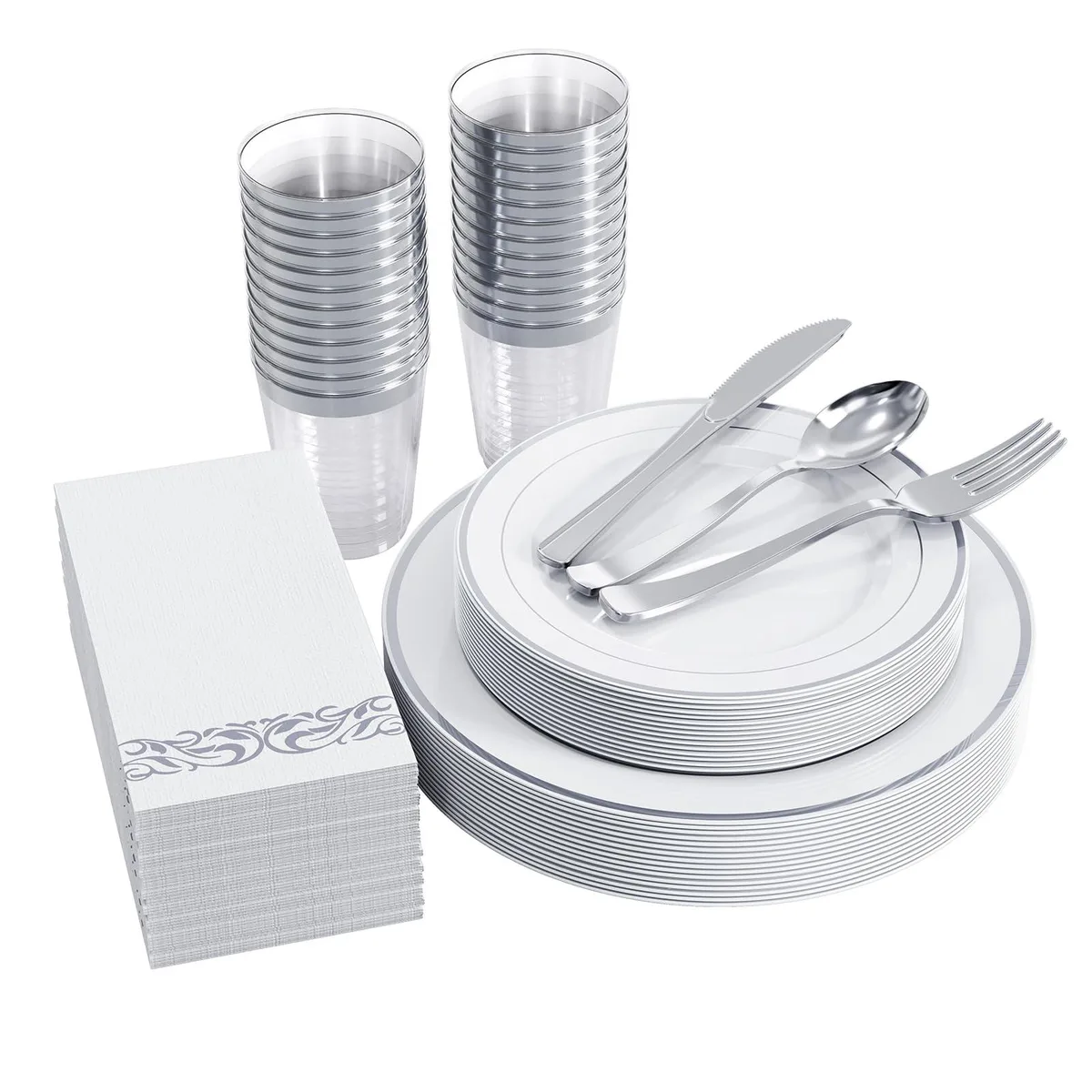 175-piece silver flatware set with floral handles and matching dinnerware pieces