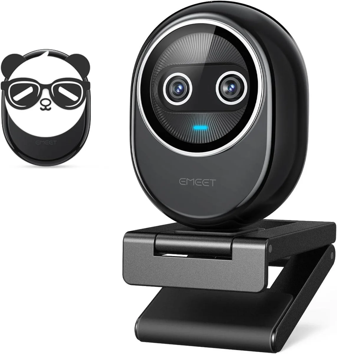 Black rectangular 4K webcam with clip mount, pearl finish, magnetic privacy cover, three microphone ports