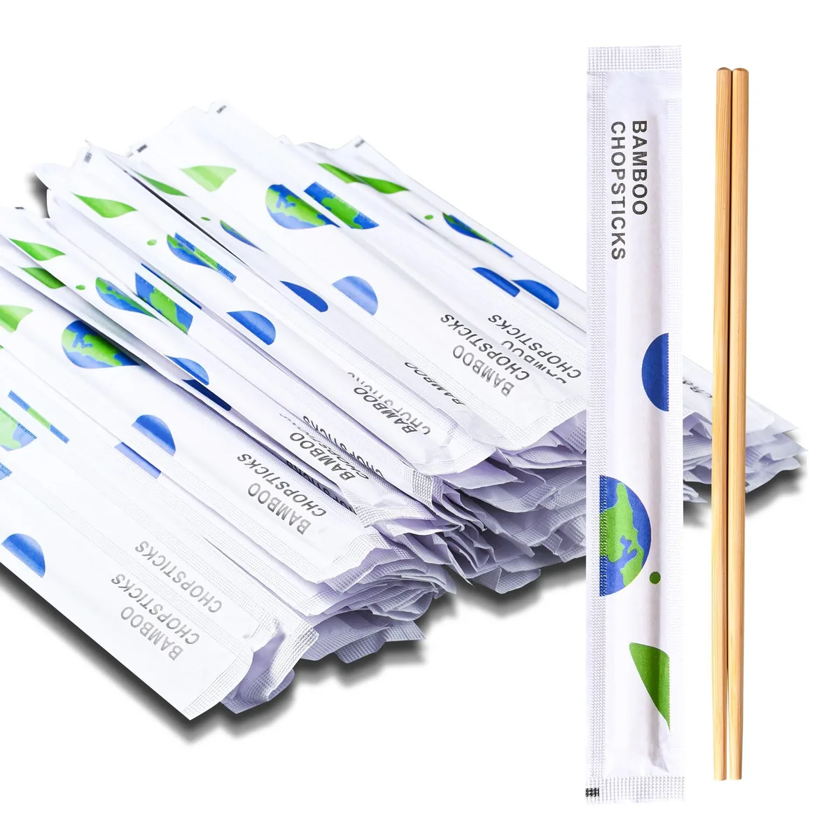 Fifty pairs of light bamboo chopsticks, individually paper-wrapped, 9 inches long