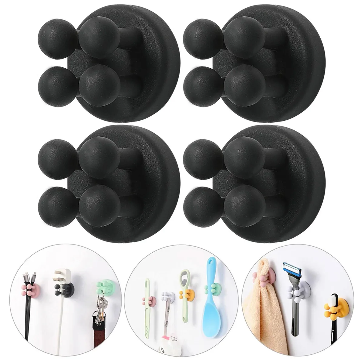 Four small silicone toothbrush holders, each a 1.38-inch cube with four gripping legs and adhesive backs