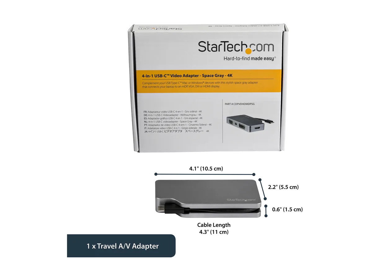 Space Gray aluminum USB-C adapter with short cable and four video ports