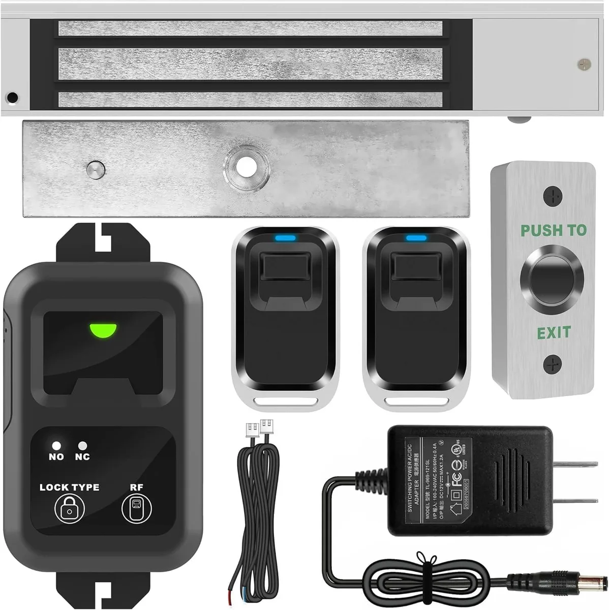 Rectangular silver electromagnetic lock with mounting bracket, wireless remote and exit button