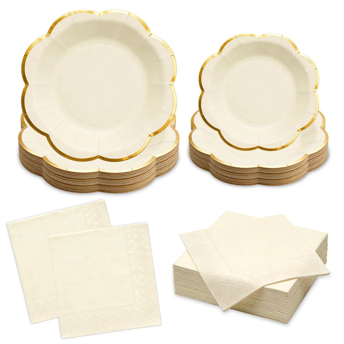 Stack of white rectangular paper plates with scalloped edges and gold rim