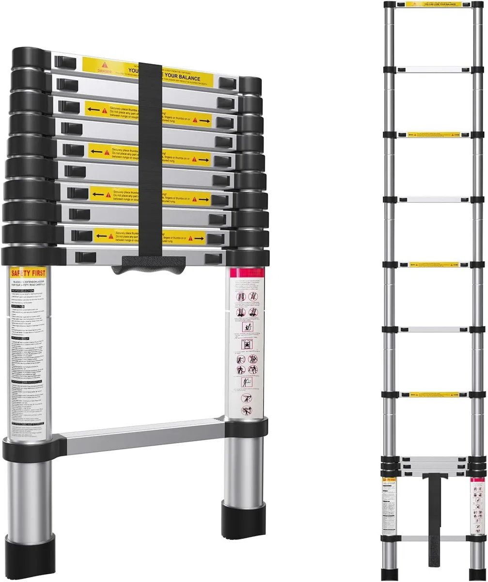 Silver telescopic aluminum ladder extended to full length with black rubber feet