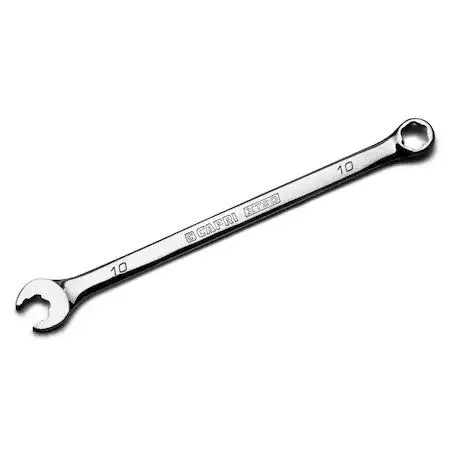 Polished 10 mm combination wrench with extra-long handle and offset box end