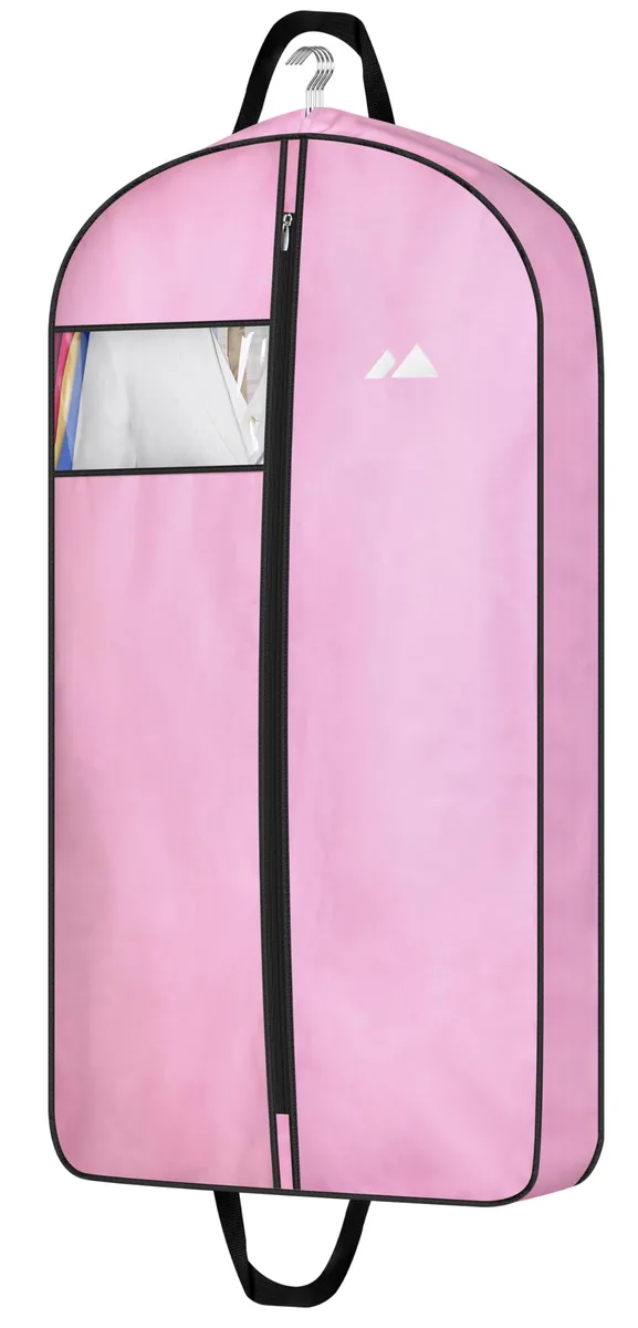 Pink garment bag, 43 inches long, waterproof Oxford fabric, top hanger hole, reinforced zipper, two carry handles