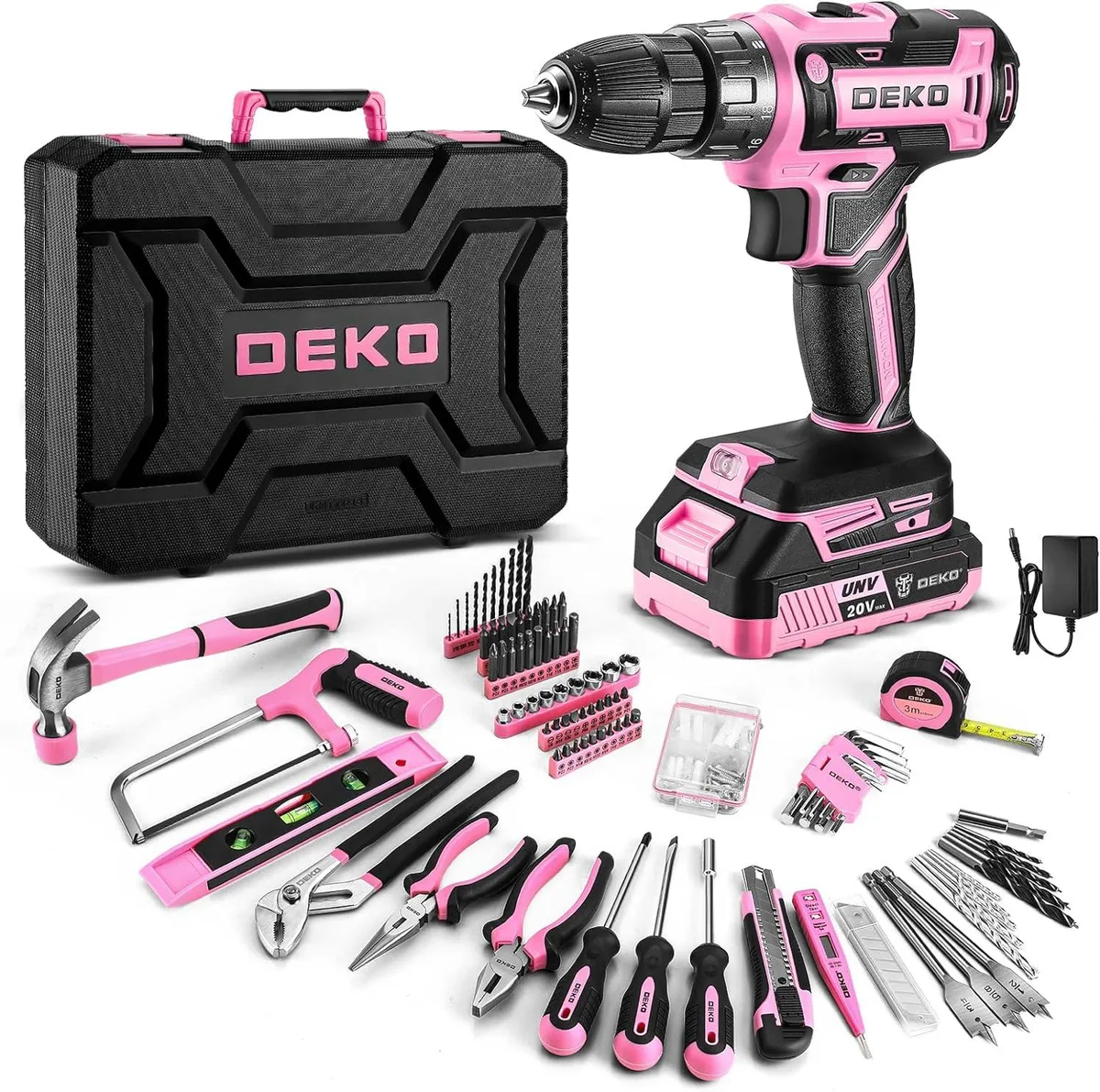 Pink 20V cordless drill kit in a compact toolbox with battery and charger