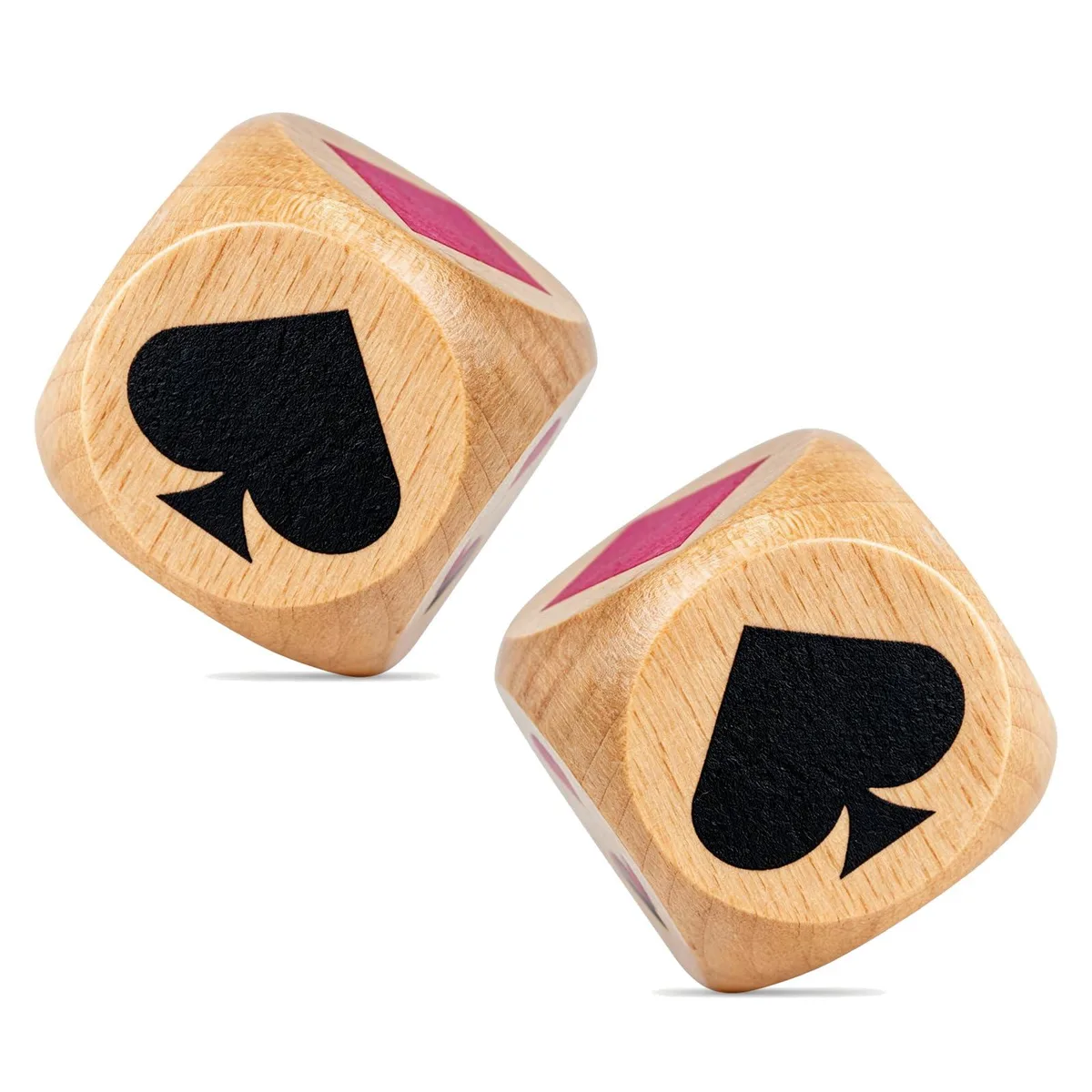 Two wooden dice cubes with printed suit symbols in a velvet pouch