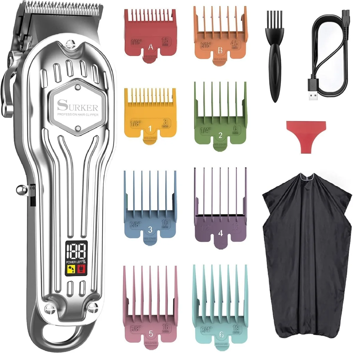 Silver cordless hair clipper with LED display and eight colour-coded guide combs