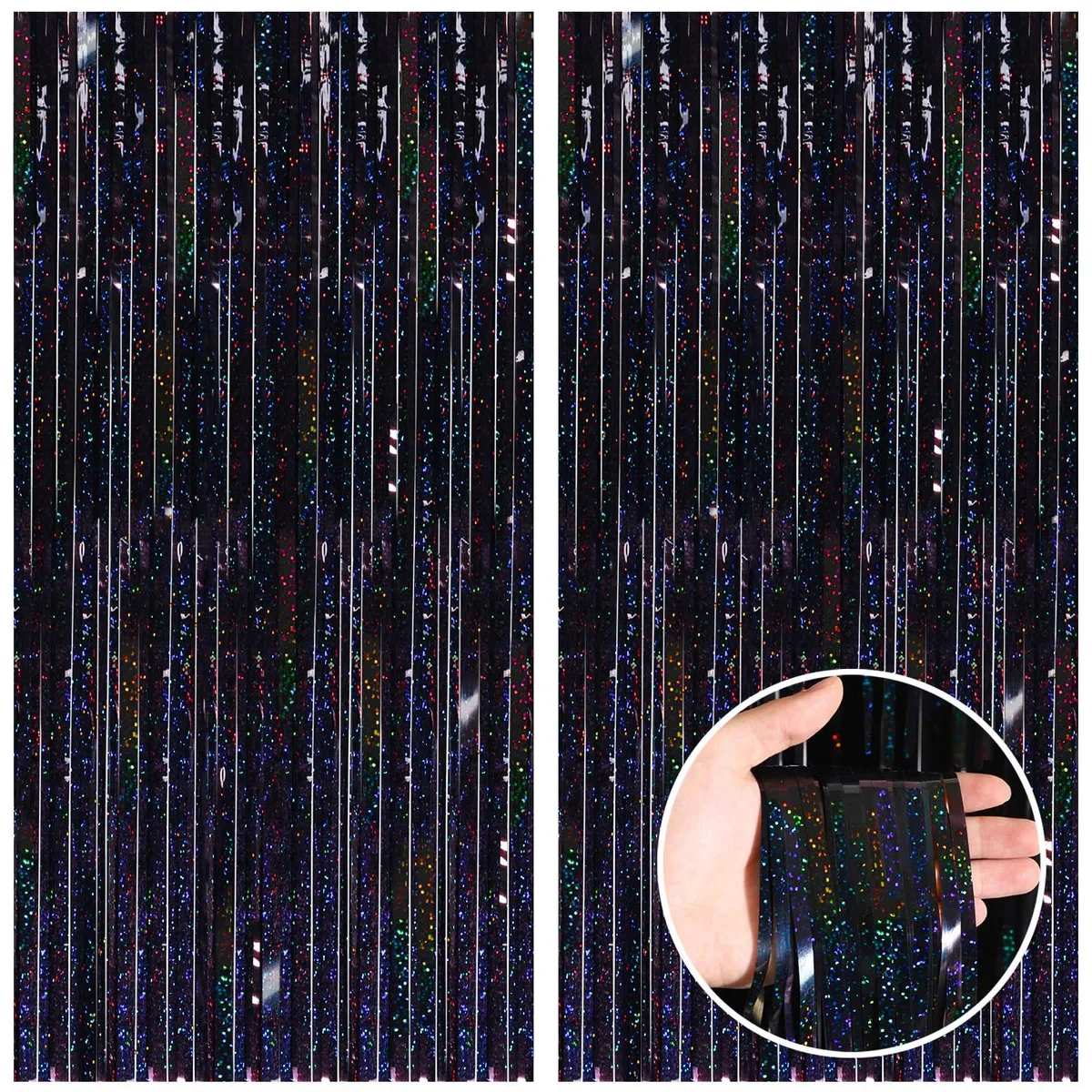 Two black foil fringe curtains, 3.3 by 8.2 feet each, shiny tinsel strips with adhesive top edge