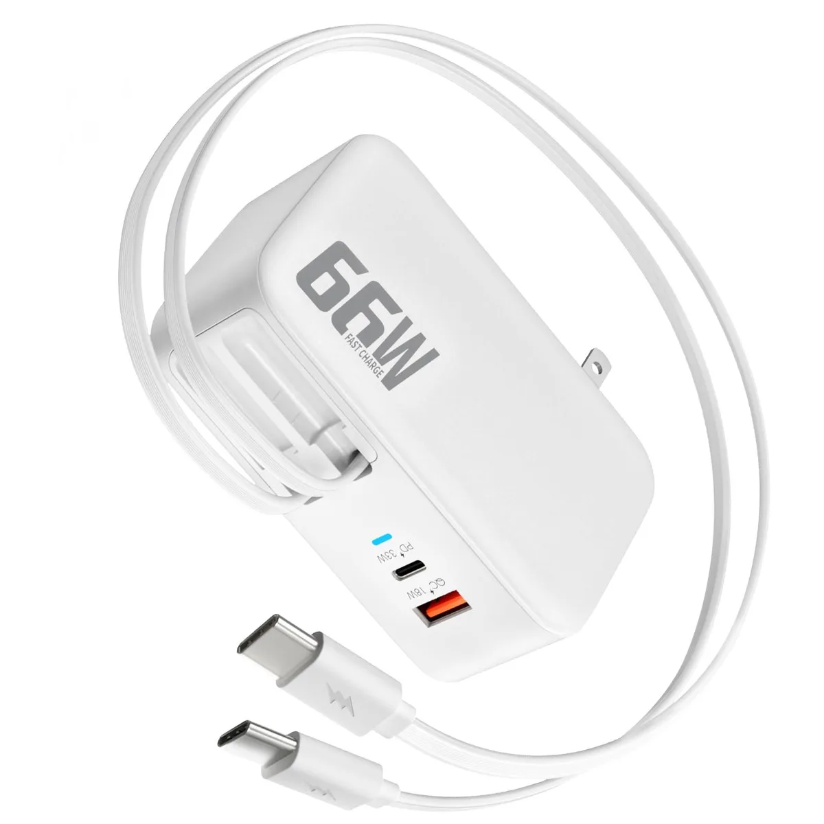 White retractable wall charger with built-in USB-C and Lightning cables, two extra ports, compact GaN design