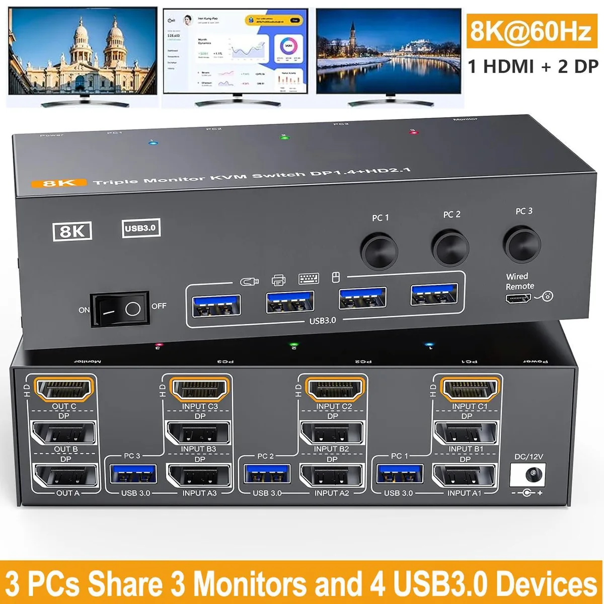 WRIARICH WRIARICH KC-303DH KVM Switch 3 PCs 3 Monitors 8K@60Hz 4K@144Hz — product photo