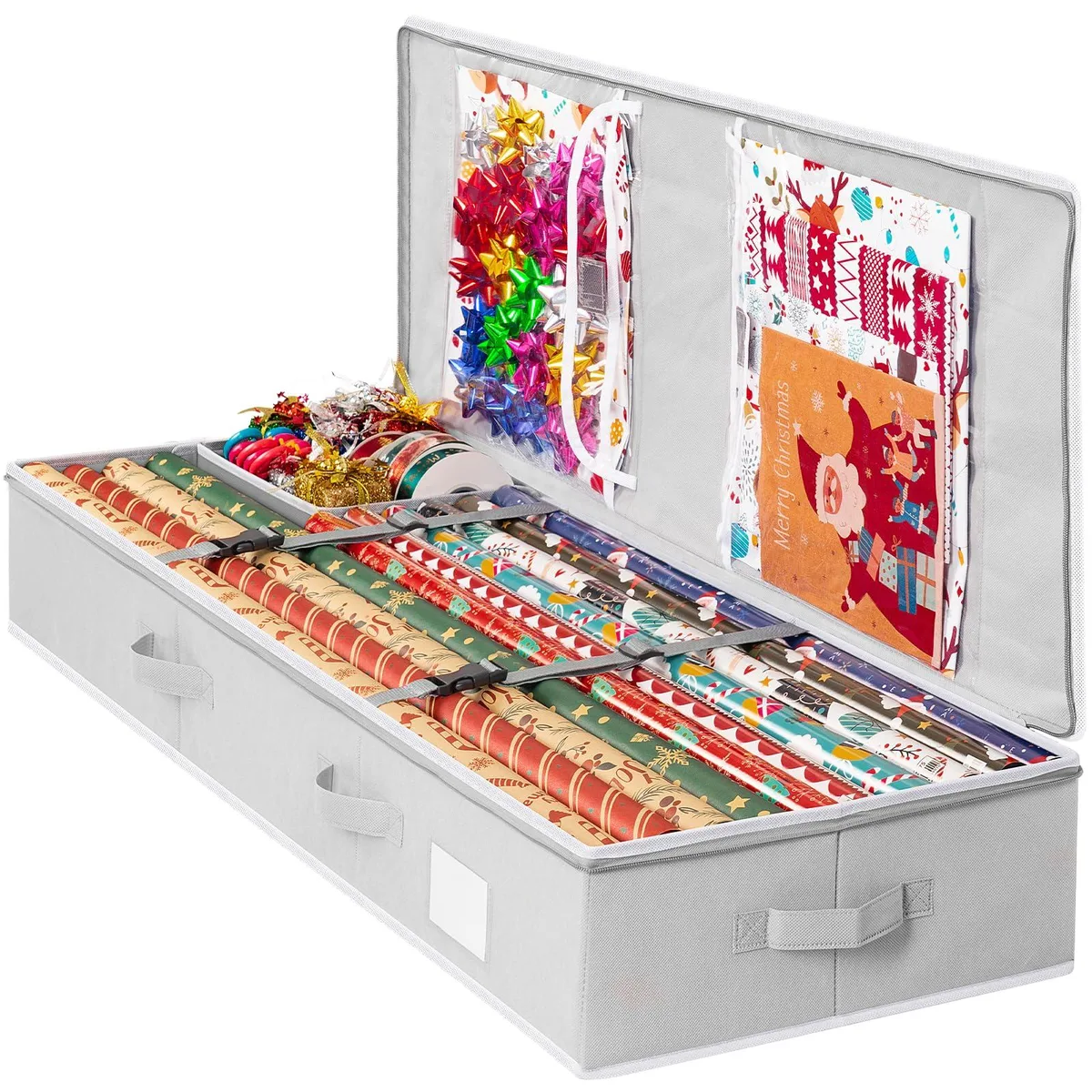 Grey fabric under-bed box with dual zippers and four handles
