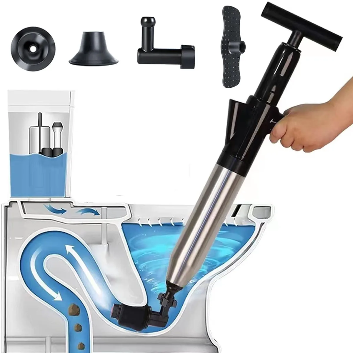 Black manual air drain blaster kit with gun, four interchangeable heads, pressure gauge and stainless steel barrel