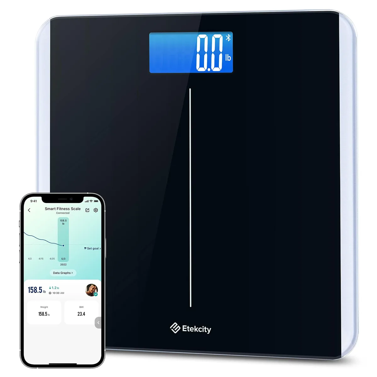 Black square bathroom scale with rounded corners and backlit LCD display