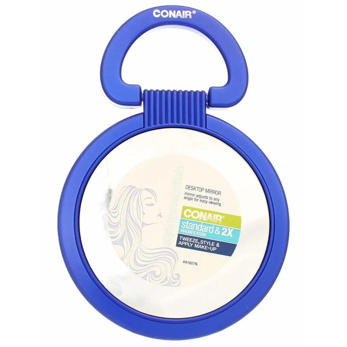 Round silver-finished mirror on a stand, 9.5 by 6.4 inches
