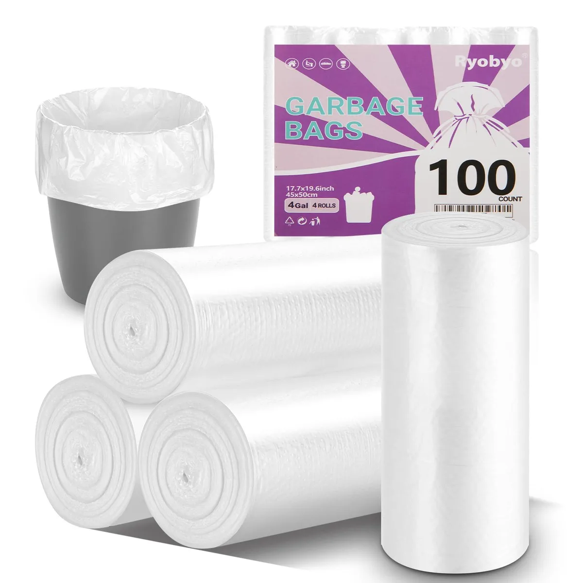 Transparent 4-gallon trash bags on a roll, 100 count, unscented polyethylene, 17.7 by 19.6 inches, octagonal bottom design