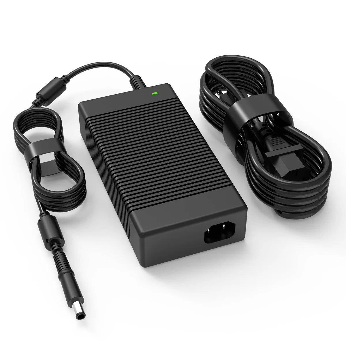 Rectangular black power brick with 7.4 by 5.0 mm barrel connector and US plug