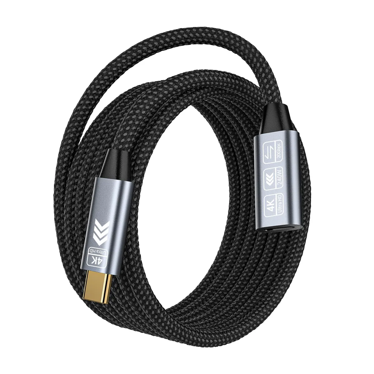 Nylon-braided USB-C male-to-female extension cable, 10 ft