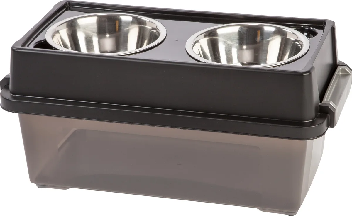 Black elevated pet feeder with airtight storage bin and two stainless steel bowls