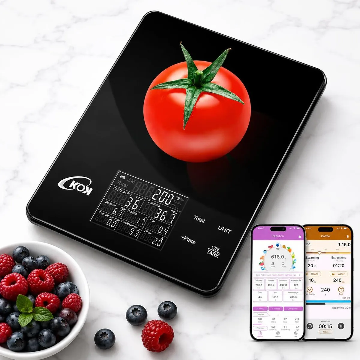 Black handheld food scale with compact rectangular body