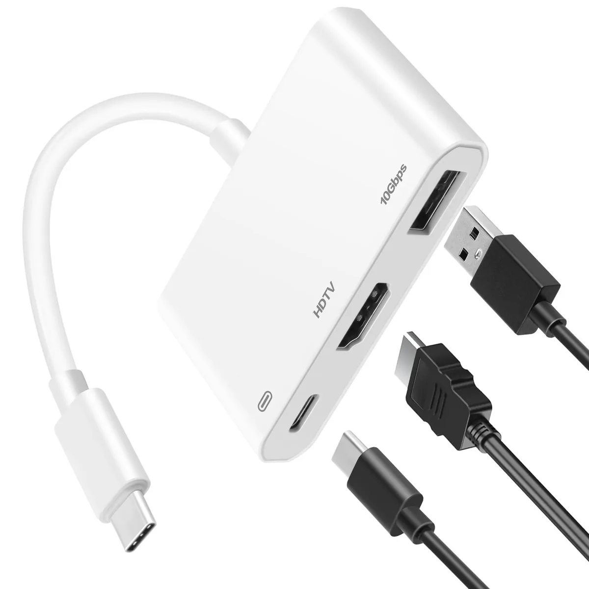 White plastic USB-C hub with HDMI, USB-A and USB-C ports