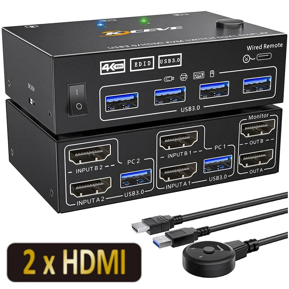 Hitoor Hitoor HDMI USB 3.0 KVM Switch 2 Computers 2 Monitors 4K@60Hz 4 USB 3.0 Ports Wired Remote — product photo