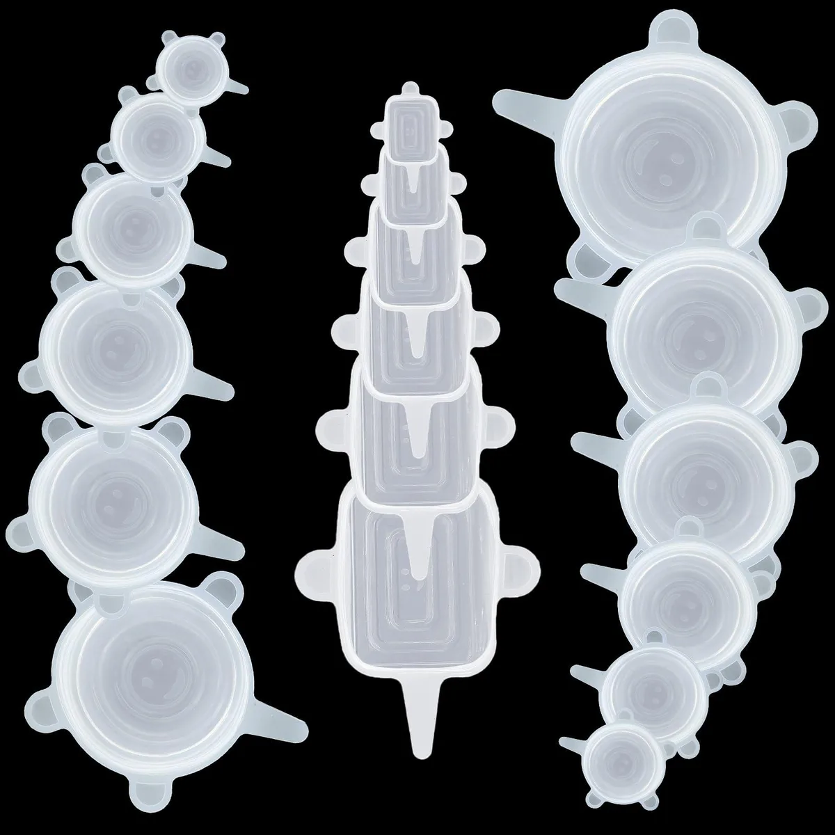 Eighteen clear silicone stretch lids, round and square, various sizes