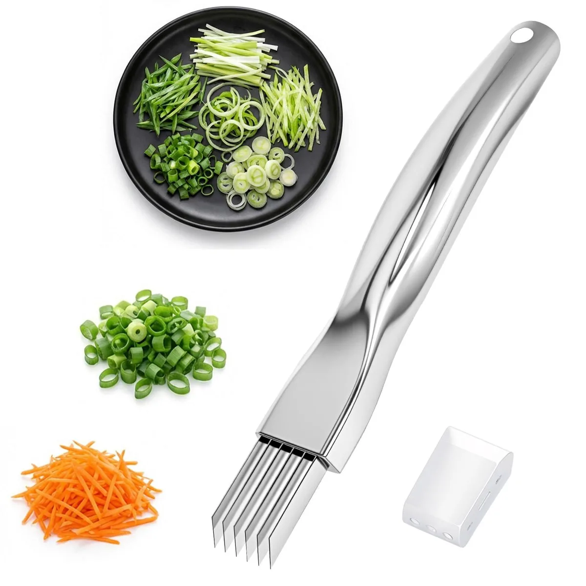 Compact stainless steel multi-blade onion cutter with ergonomic handle and hanging hole, silver finish