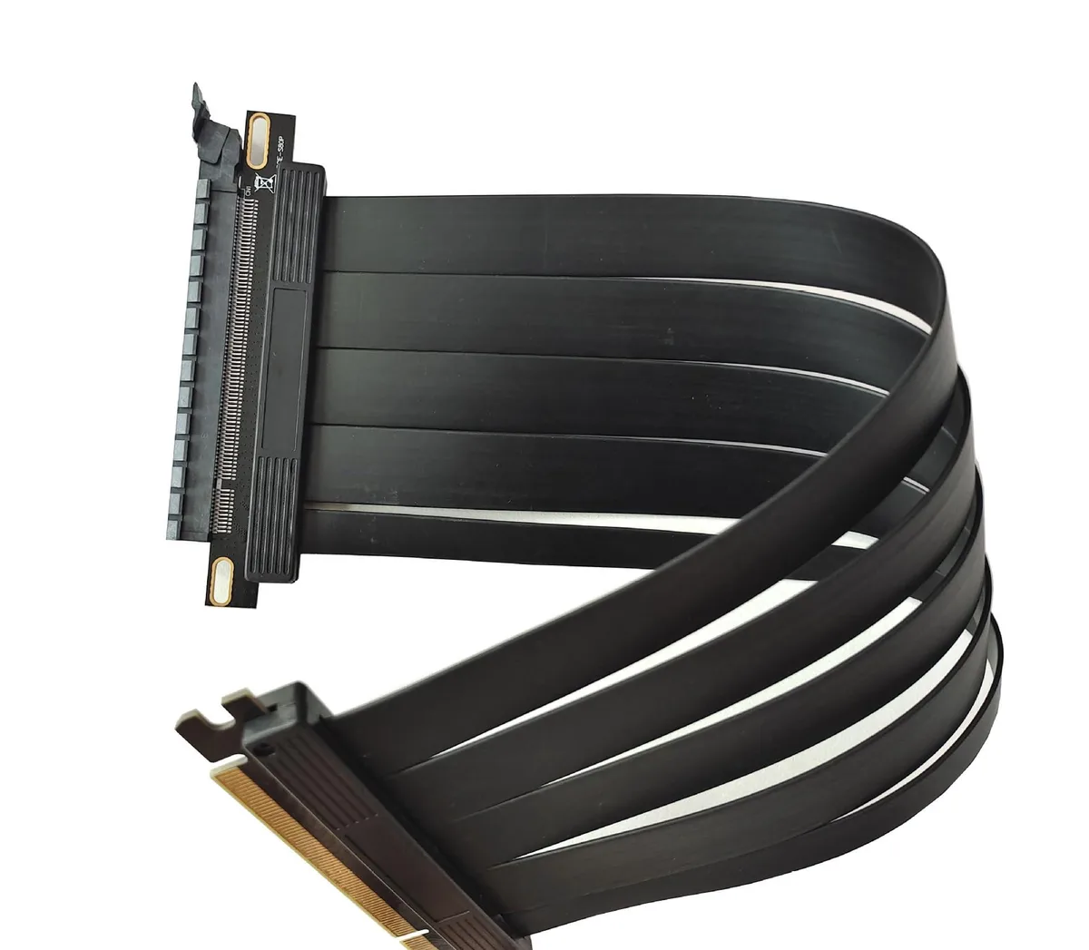 Flat black 20 cm PCIe 4.0 riser cable with 180 degree gold connectors and shielded ribbon design