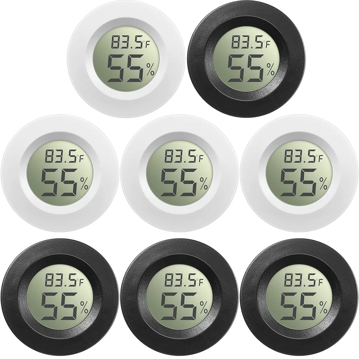 Eight small square hygrometer thermometers, black and white, each 1.77 inches wide with LCD screens