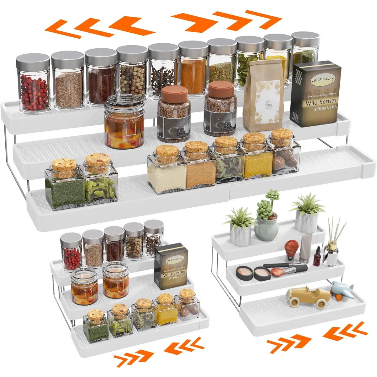 White expandable three-tier spice rack, extends from 11.8 to 21.1 inches