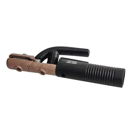 Black clamp-style electrode holder with copper alloy jaws and ball-point screw cable connection