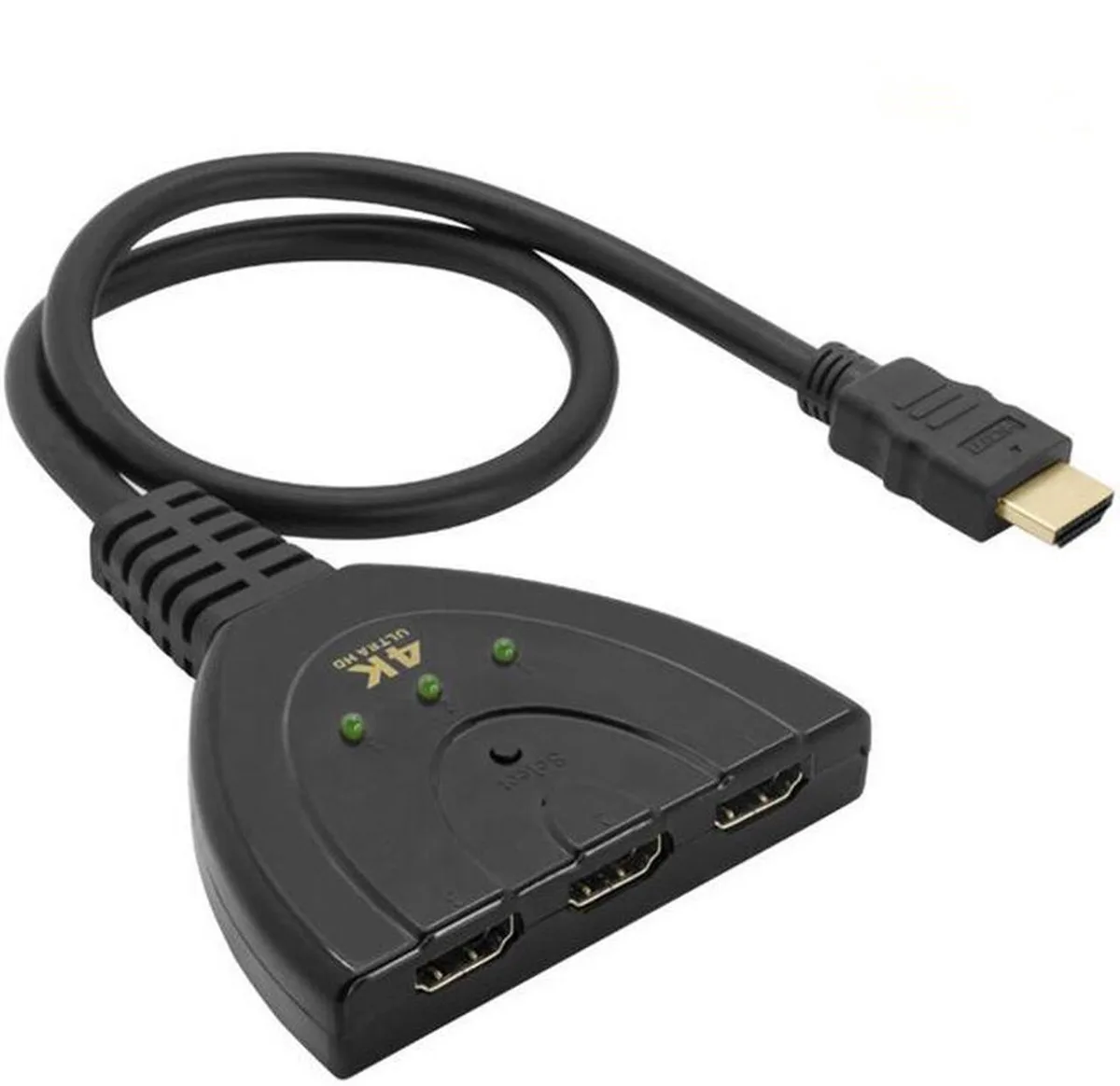 Small black HDMI switch box with short attached cable and three input ports