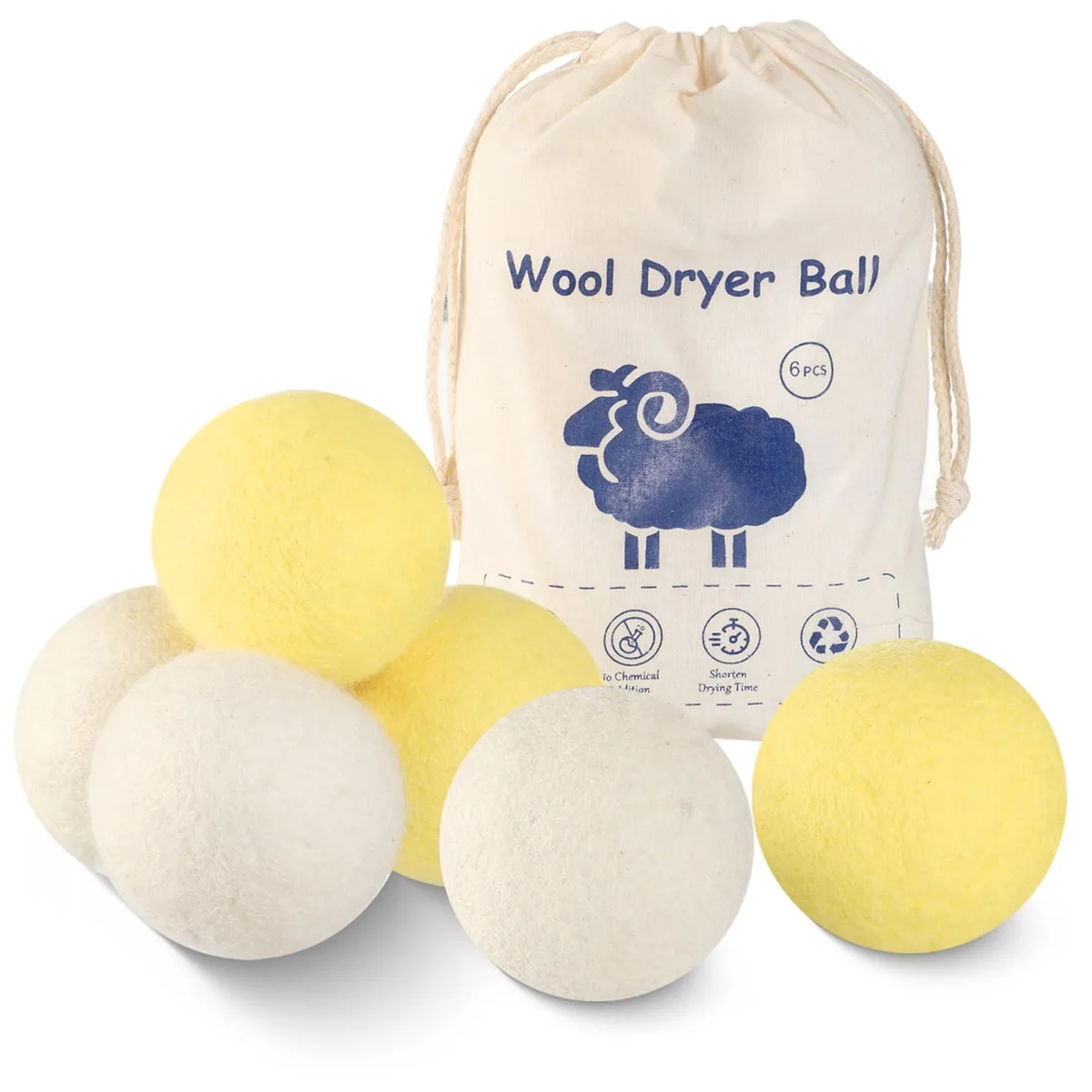 CXWLTT LTYYMHGQUS Wool Dryer Balls 6 Pack Yellow White 2.76 in — product photo
