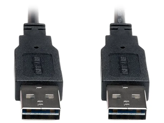 Black USB 2.0 reversible A-to-A cable, 3 ft, male-to-male connectors