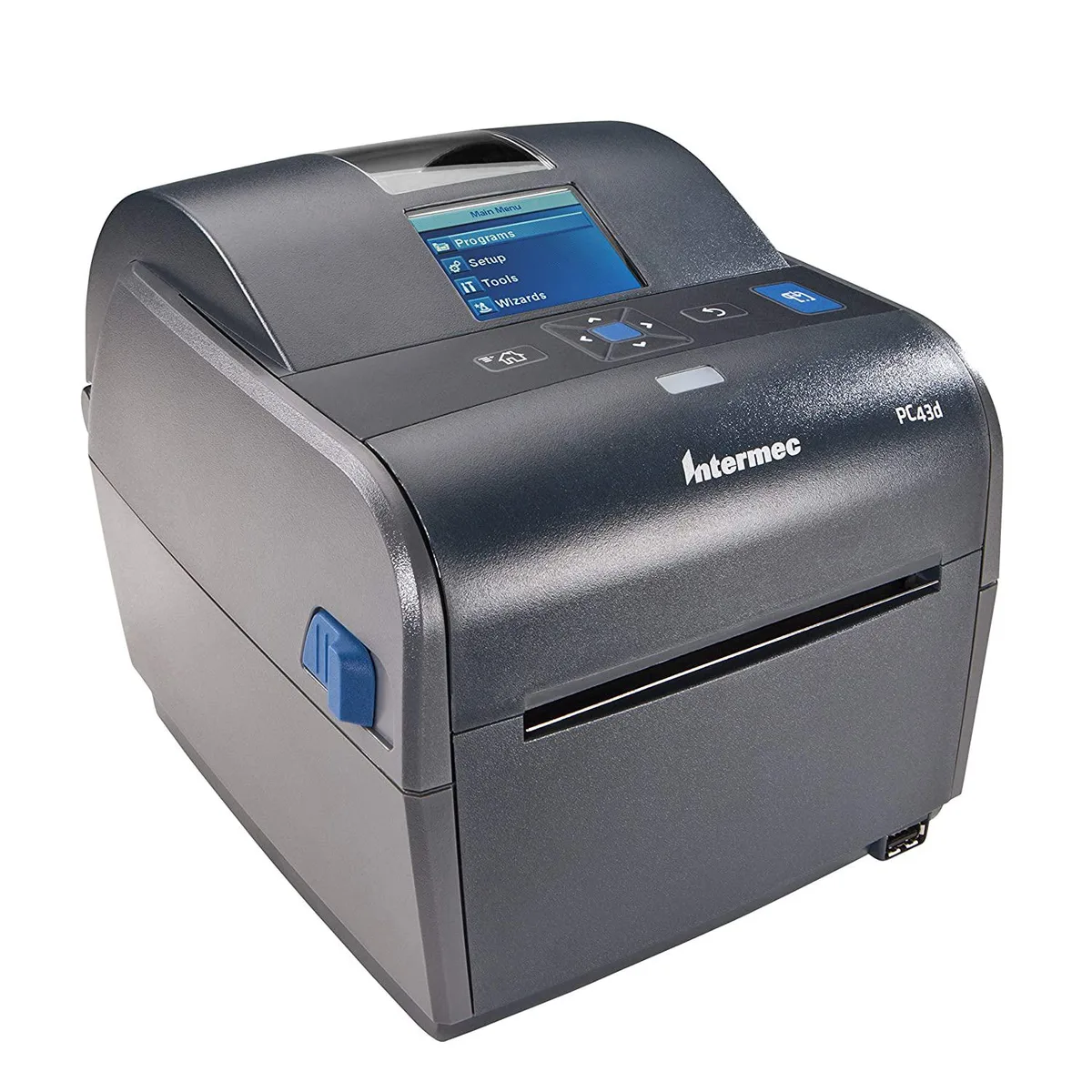 Compact white desktop label printer with LCD screen and USB cable