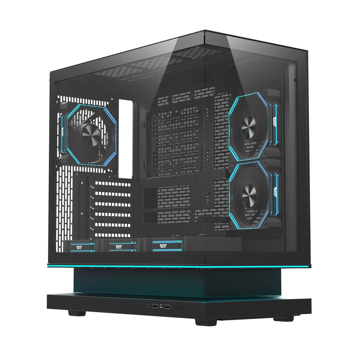 Black ATX mid-tower case with frameless 270° tempered glass panels and floating ARGB base